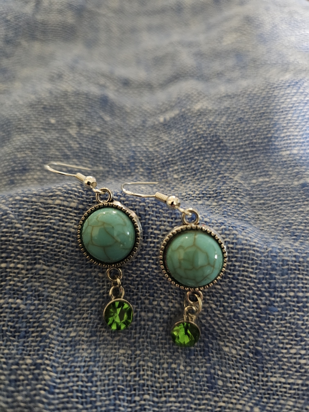 Hand Made Faux Turquoise and Green Crystal Dangle Earrings Sterling Backs